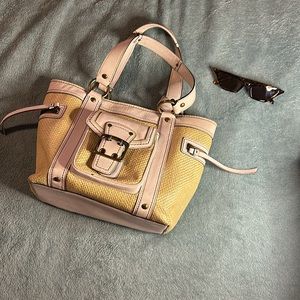 Coach White/Cream Woven Straw and Leather Legacy Buckle Tote